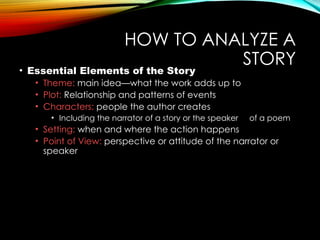 HOW TO ANALYZE A
STORY
• Essential Elements of the Story
• Theme: main idea—what the work adds up to
• Plot: Relationship and patterns of events
• Characters: people the author creates
• Including the narrator of a story or the speaker of a poem
• Setting: when and where the action happens
• Point of View: perspective or attitude of the narrator or
speaker
 