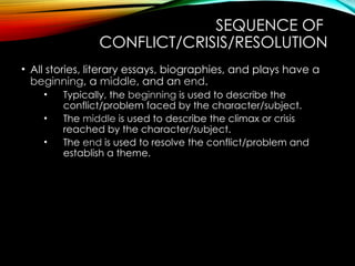 SEQUENCE OF
CONFLICT/CRISIS/RESOLUTION
• All stories, literary essays, biographies, and plays have a
beginning, a middle, and an end.
• Typically, the beginning is used to describe the
conflict/problem faced by the character/subject.
• The middle is used to describe the climax or crisis
reached by the character/subject.
• The end is used to resolve the conflict/problem and
establish a theme.
 