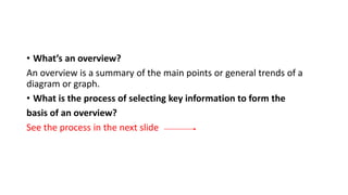 • What’s an overview?
An overview is a summary of the main points or general trends of a
diagram or graph.
• What is the process of selecting key information to form the
basis of an overview?
See the process in the next slide
 