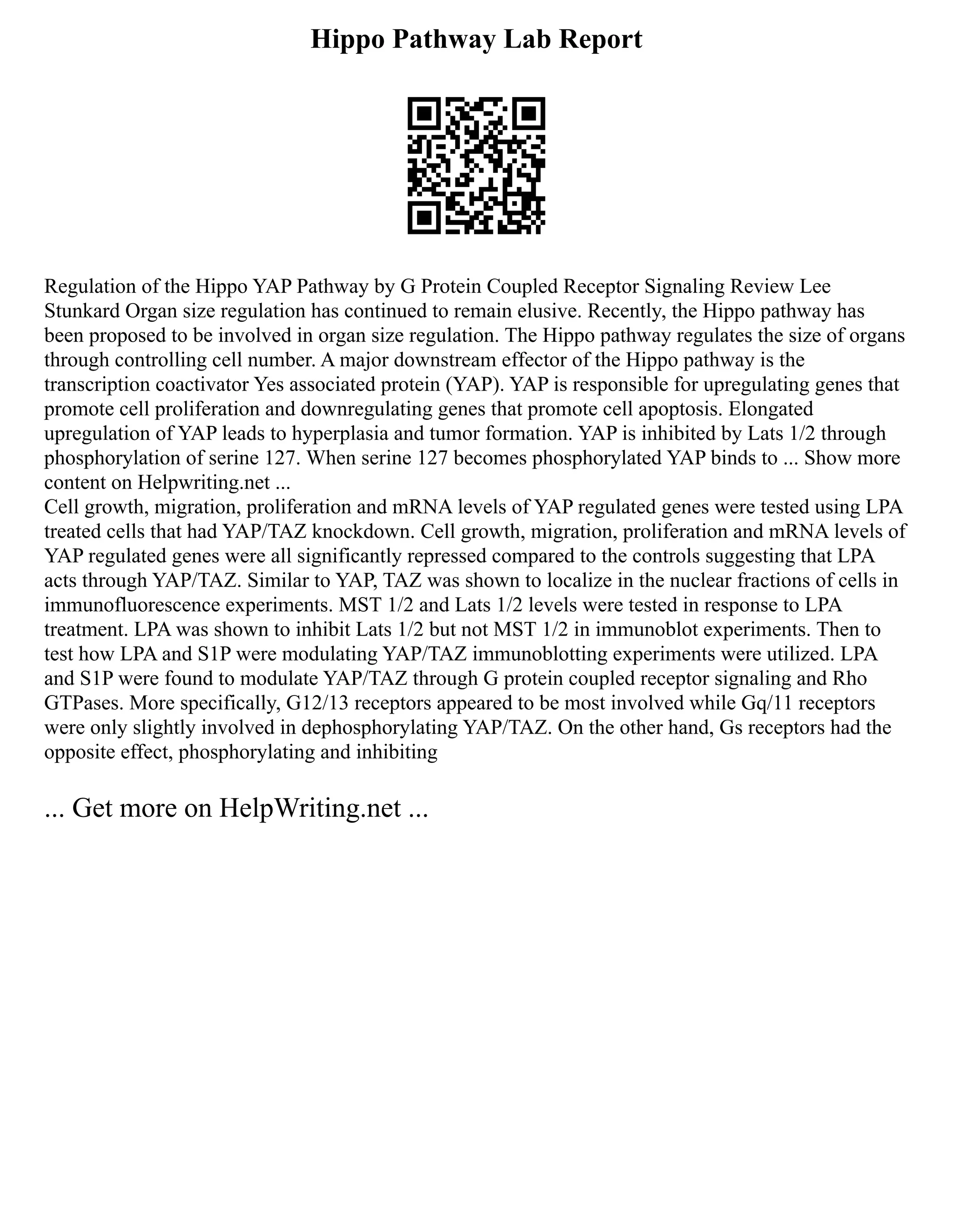 Hippo Pathway Lab Report
Regulation of the Hippo YAP Pathway by G Protein Coupled Receptor Signaling Review Lee
Stunkard Organ size regulation has continued to remain elusive. Recently, the Hippo pathway has
been proposed to be involved in organ size regulation. The Hippo pathway regulates the size of organs
through controlling cell number. A major downstream effector of the Hippo pathway is the
transcription coactivator Yes associated protein (YAP). YAP is responsible for upregulating genes that
promote cell proliferation and downregulating genes that promote cell apoptosis. Elongated
upregulation of YAP leads to hyperplasia and tumor formation. YAP is inhibited by Lats 1/2 through
phosphorylation of serine 127. When serine 127 becomes phosphorylated YAP binds to ... Show more
content on Helpwriting.net ...
Cell growth, migration, proliferation and mRNA levels of YAP regulated genes were tested using LPA
treated cells that had YAP/TAZ knockdown. Cell growth, migration, proliferation and mRNA levels of
YAP regulated genes were all significantly repressed compared to the controls suggesting that LPA
acts through YAP/TAZ. Similar to YAP, TAZ was shown to localize in the nuclear fractions of cells in
immunofluorescence experiments. MST 1/2 and Lats 1/2 levels were tested in response to LPA
treatment. LPA was shown to inhibit Lats 1/2 but not MST 1/2 in immunoblot experiments. Then to
test how LPA and S1P were modulating YAP/TAZ immunoblotting experiments were utilized. LPA
and S1P were found to modulate YAP/TAZ through G protein coupled receptor signaling and Rho
GTPases. More specifically, G12/13 receptors appeared to be most involved while Gq/11 receptors
were only slightly involved in dephosphorylating YAP/TAZ. On the other hand, Gs receptors had the
opposite effect, phosphorylating and inhibiting
... Get more on HelpWriting.net ...
 