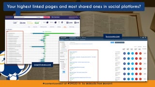 #contentconnect at #SMS2016 by @aleyda from @orainti#contentconnect at #SMS2016 by @aleyda from @orainti
Your highest linked pages and most shared ones in social platforms?
cognitiveseo.com
buzzsumo.com
 