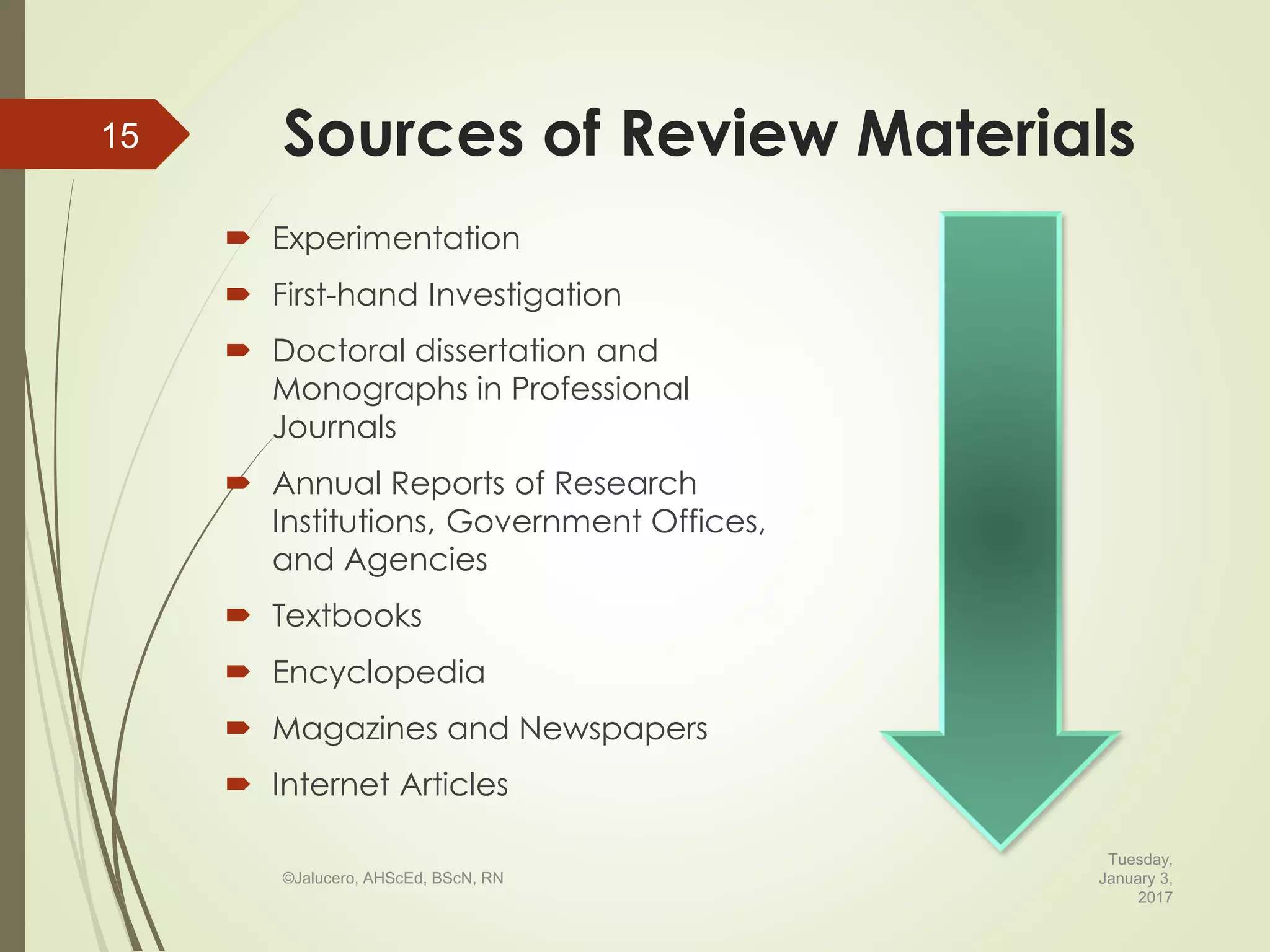 Sources of Review Materials
 Experimentation
 First-hand Investigation
 Doctoral dissertation and
Monographs in Professional
Journals
 Annual Reports of Research
Institutions, Government Offices,
and Agencies
 Textbooks
 Encyclopedia
 Magazines and Newspapers
 Internet Articles
Tuesday,
January 3,
2017
©Jalucero, AHScEd, BScN, RN
15
 