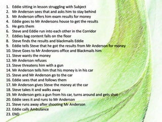 1. Eddie sitting in lesson struggling with Subject
2. Mr Anderson sees that and asks him to stay behind
3. Mr Anderson offers him exam results for money
4. Eddie goes to Mr Andersons house to get the results
5. He gets them
6. Steve and Eddie run into each other in the Corridor
7. Eddies bag content falls on the floor
8. Steve finds the results and blackmails Eddie
9. Eddie tells Steve that he got the results from Mr Anderson for money
10. Steve Goes to Mr Andersons office and Blackmails him
11. Steve wants the money
12. Mr Anderson refuses
13. Steve threatens him with a gun
14. Mr Anderson tells him that his money is in his car
15. Steve and Mr Anderson go to the car
16. Eddie sees that and follows them
17. Mr Anderson gives Steve the money at the car
18. Steve takes it and walks away
19. Mr Anderson gets a gun from his car, turns around and gets shot
20. Eddie sees it and runs to Mr Anderson
21. Steve runs away after shooting Mr Anderson
22. Eddie calls Ambulance
23. END
 