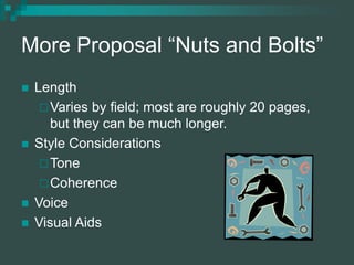 More Proposal “Nuts and Bolts”
 Length
Varies by field; most are roughly 20 pages,
but they can be much longer.
 Style Considerations
Tone
Coherence
 Voice
 Visual Aids
 