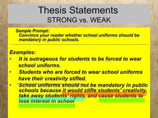 Sample Prompt:  Convince your reader whether school uniforms should be mandatory in public schools. Examples: It is outrageous for students to be forced to wear  school uniforms. Students who are forced to wear school uniforms have their creativity stifled. School uniforms should not be mandatory in public schools because it would stifle students’ creativity, take away students’ rights, and cause students to lose interest in school Thesis Statements   STRONG vs. WEAK 