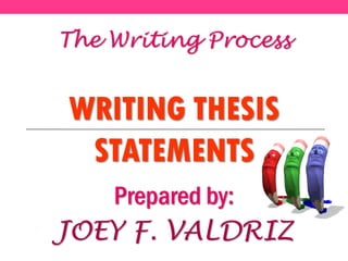 WRITING THESIS
STATEMENTS
Prepared by:
JOEY F. VALDRIZ
The Writing Process
 