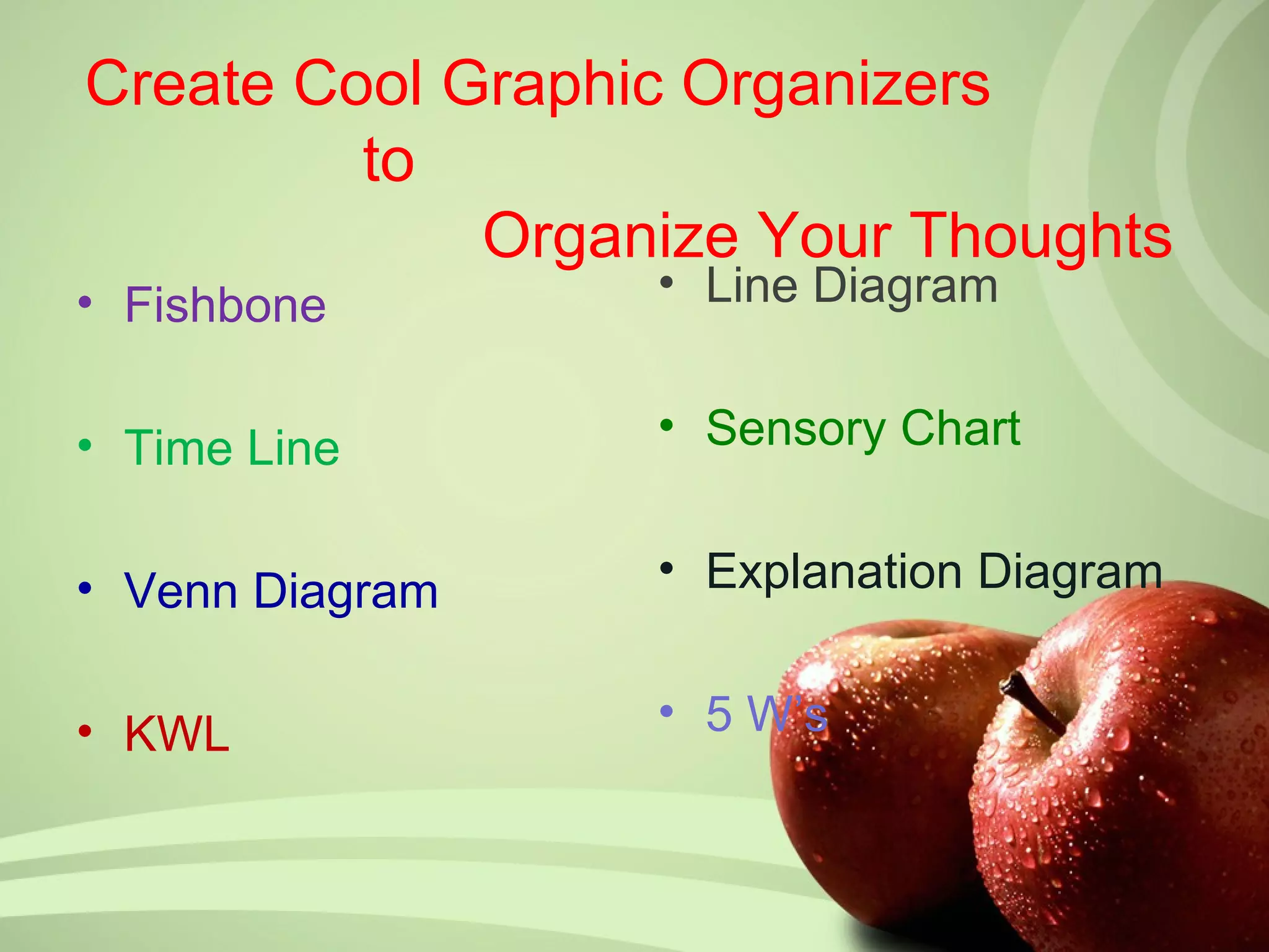 Create Cool Graphic Organizers
         to
             Organize Your Thoughts
• Fishbone        • Line Diagram


• Time Line       • Sensory Chart


• Venn Diagram    • Explanation Diagram


• KWL             • 5 W’s
 