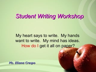 Student Writing Workshop


    My heart says to write. My hands
    want to write. My mind has ideas.
      How do I get it all on paper?


Ms. Eliana Crespo
 