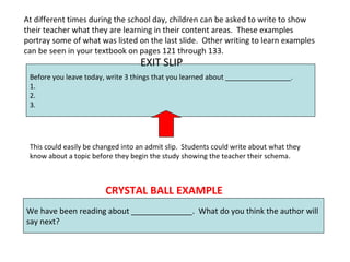 At different times during the school day, children can be asked to write to show
their teacher what they are learning in their content areas. These examples
portray some of what was listed on the last slide. Other writing to learn examples
can be seen in your textbook on pages 121 through 133.
Before you leave today, write 3 things that you learned about _________________.
1.
2.
3.
EXIT SLIP
This could easily be changed into an admit slip. Students could write about what they
know about a topic before they begin the study showing the teacher their schema.
CRYSTAL BALL EXAMPLE
We have been reading about ______________. What do you think the author will
say next?
 