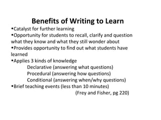 Benefits of Writing to Learn
•Catalyst for further learning
•Opportunity for students to recall, clarify and question
what they know and what they still wonder about
•Provides opportunity to find out what students have
learned
•Applies 3 kinds of knowledge
Declarative (answering what questions)
Procedural (answering how questions)
Conditional (answering when/why questions)
•Brief teaching events (less than 10 minutes)
(Frey and Fisher, pg 220)
 