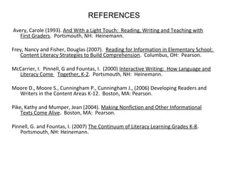 REFERENCES
Avery, Carole (1993). And With a Light Touch: Reading, Writing and Teaching with
First Graders. Portsmouth, NH: Heinemann.
Frey, Nancy and Fisher, Douglas (2007). Reading for Information in Elementary School:
Content Literacy Strategies to Build Comprehension. Columbus, OH: Pearson.
McCarrier, I. Pinnell, G and Fountas, I. (2000) Interactive Writing: How Language and
Literacy Come Together, K-2. Portsmouth, NH: Heinemann.
Moore D., Moore S., Cunningham P., Cunningham J., (2006) Developing Readers and
Writers in the Content Areas K-12. Boston, MA: Pearson.
Pike, Kathy and Mumper, Jean (2004). Making Nonfiction and Other Informational
Texts Come Alive. Boston, MA: Pearson.
Pinnell, G. and Fountas, I. (2007) The Continuum of Literacy Learning Grades K-8.
Portsmouth, NH: Heinemann.
 