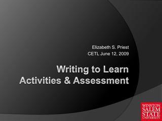 Writing to Learn Activities & Assessment Elizabeth S. Priest CETL June 12, 2009 