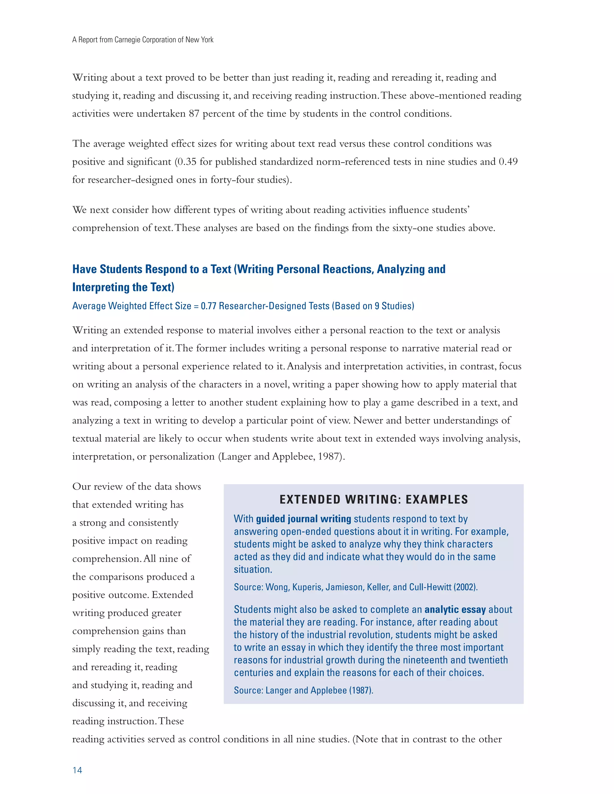 Writing to Read 
11 
THE RECOMMENDATIONS 
Effective Practices for Strengthening Reading Through Writing 
I. HAVE STUDENTS WRITE ABOUT THE TEXTS THEY READ. Students’ comprehension of science, 
social studies, and language arts texts is improved when they write about what they read, 
specifically when they 
U Respond to a Text in Writing (Writing Personal Reactions, Analyzing and Interpreting the Text) 
U Write Summaries of a Text 
U Write Notes About a Text 
U Answer Questions About a Text in Writing, or Create and Answer Written Questions About a Text 
II. TEACH STUDENTS THE WRITING SKILLS AND PROCESSES THAT GO INTO CREATING TEXT. 
Students’ reading skills and comprehension are improved by learning the skills and processes 
that go into creating text, specifically when teachers 
U Teach the Process of Writing, Text Structures for Writing, Paragraph or Sentence Construction 
Skills (Improves Reading Comprehension) 
U Teach Spelling and Sentence Construction Skills (Improves Reading Fluency) 
U Teach Spelling Skills (Improves Word Reading Skills) 
II. INCREASE HOW MUCH STUDENTS WRITE. Students’ reading comprehension is improved by 
having them increase how often they produce their own texts. 
In the following sections, we discuss each of these findings in turn by discussing the theory behind 
the practices and the results of the analysis. In several places, we also elaborate the activities involved in 
implementing the practices. Results are reported in effect size statistics, which allow us to understand 
the magnitude of impact an instructional practice can have on student outcomes. 
When reading these sections, readers should keep in mind three important aspects of effect sizes. 
First, while it is tempting to regard practices that have large effect sizes as more effective than those 
with small effect sizes, effect sizes cannot be interpreted in this fashion. The effects we estimate for a 
particular practice always exist in relation to whatever practices were used in the “control” condition. 
In short, the effects for any two practices described in this report cannot be compared directly to or 
against each other. 
Second, we report the effect sizes we found for two types of tests commonly used in research: norm-referenced 
tests and researcher-designed tests (see sidebar on page 12). Norm-referenced tests generally 
yield much smaller effect sizes than researcher-designed tests do. For example, two of the most robust 
reading instructional practices for improving children’s reading comprehension, Reciprocal Teaching 
and generating questions, have effect sizes of 0.32 and 0.36 respectively when assessed using norm-referenced 
tests, and effect sizes of 0.88 and 0.86 respectively when assessed using researcher-designed 
 