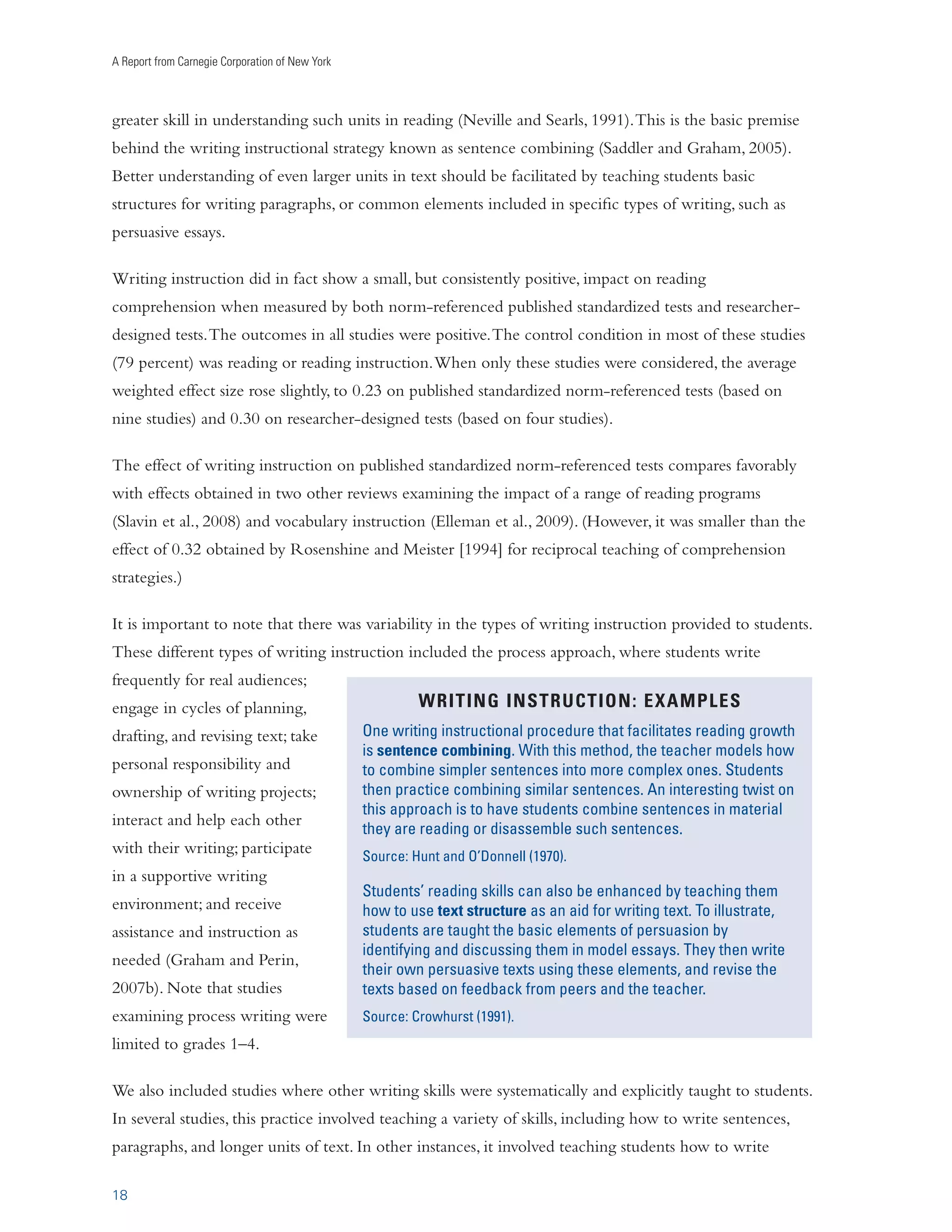 A Report from Carnegie Corporation of New York 
Writing about a text proved to be better than just reading it, reading and rereading it, reading and 
studying it, reading and discussing it, and receiving reading instruction. These above-mentioned reading 
activities were undertaken 87 percent of the time by students in the control conditions. 
The average weighted effect sizes for writing about text read versus these control conditions was 
positive and significant (0.35 for published standardized norm-referenced tests in nine studies and 0.49 
for researcher-designed ones in forty-four studies). 
We next consider how different types of writing about reading activities influence students’ 
comprehension of text. These analyses are based on the findings from the sixty-one studies above. 
Have Students Respond to a Text (Writing Personal Reactions, Analyzing and 
Interpreting the Text) 
ÛiÀ}iÊ7iˆ}…Ìi`Ê
vviVÌÊ-ˆâiÊrÊä°ÇÇÊ,iÃiÀV…iÀ‡ 