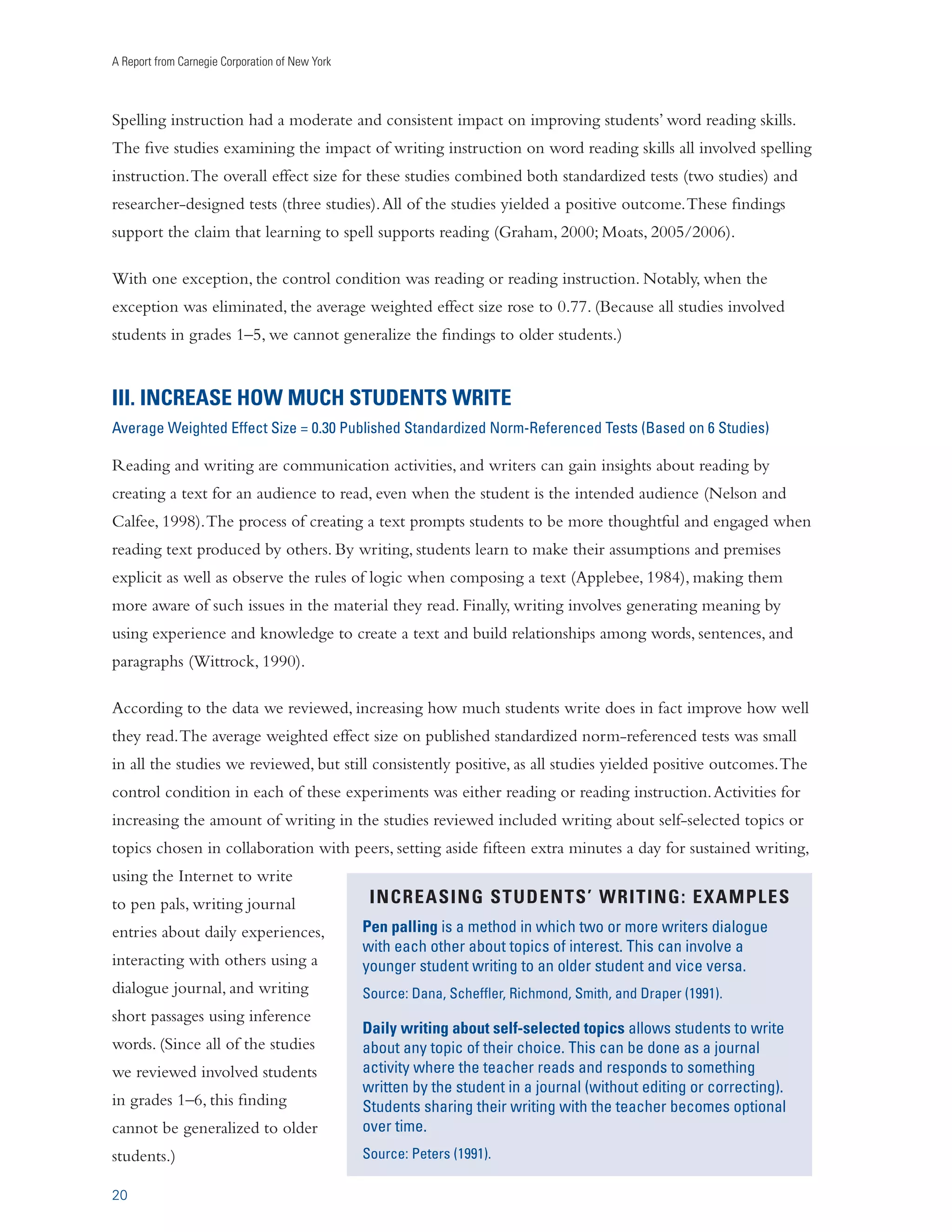 Writing to Read 
writing about reading activities studied in this review, students were not expressly taught how to write 
extended responses. Finally, for writing a personal response to text, students applied this procedure over 
a three- to fourth-month period in several studies.) 
Have Students Write Summaries of a Text 
ÛiÀ}iÊ7iˆ}…Ìi`Ê
vviVÌÊ-ˆâiÊrÊä°xÓÊ,iÃiÀV…iÀ‡ 