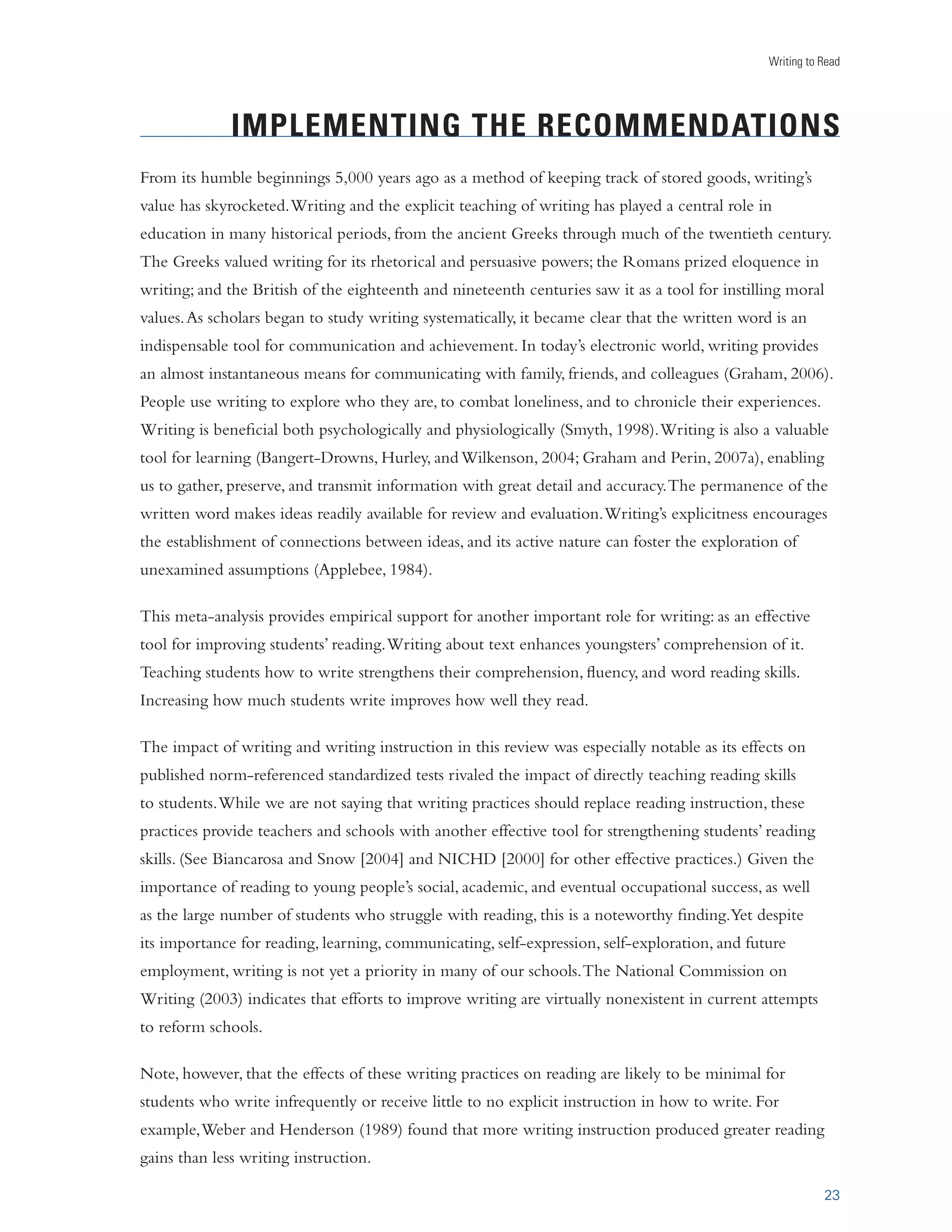 iÃˆ}˜i`Ê/iÃÌÃÊ­	Ãi`Êœ˜ÊÓÎÊ-ÌÕ`ˆiÃ® 
The act of taking written notes about text material should enhance comprehension (Kiewra, 1989; 
Peverly et al., 2007). This writing practice involves sifting through a text to determine what is most 
relevant and transforming and reducing the substance of these ideas into written phrases or key words. 
Intentionally or unintentionally, note takers organize the abstracted material in some way, connecting 
one idea to another, while blending new information with their own knowledge, resulting in new 
understandings of texts. 
In the studies we reviewed, taking notes about text ranged from a prompt to take notes with little or no 
direction to the use of a wide variety of structured note-taking procedures such as developing a written 
outline of text; designing a written chart showing the relationship between key ideas, details, concepts, 
and vocabulary in text; and taking notes about text and separating these notes into different columns 
related to main ideas, details, and questions. 
For students in grades 3–12, the various note-taking activities studied had a moderate and consistently 
positive impact on reading comprehension. Twenty-one of the twenty-three comparisons (91 percent) 
produced a positive outcome. 
Taking notes about text 
proved to be better than just 
reading, reading and rereading, 
reading and studying, reading 
and underlining important 
information, and receiving 
explicit instruction in reading 
practices. The above reading 
activities served as the control 
conditions in all but two studies. 
The average weighted effect 
size increased slightly, to 0.48, 
when note taking was compared 
to control conditions only 
involving reading activities. 
16 
NOTE TAKING: EXAMPLES 
Structured note takingÊˆ˜ÛœÛiÃÊVÀiÌˆ˜}ÊÊÜÀˆÌÌi˜ÊœÀ}˜ˆâÌˆœ˜Ê 
ÃÌÀÕVÌÕÀiÊvœÀÊ“ÌiÀˆÊÀi`°Ê7ˆÌ…Êœ˜iÊ««ÀœV…]ÊÃÌÕ`i˜ÌÃÊÀiÊ 
ÌÕ}…ÌÊ…œÜÊÌœÊVÀiÌiÊ˜ÊœÀ}˜ˆâiÀÊÀiÃi“Lˆ˜}ÊÊyœÜÊV…ÀÌ]Ê 
`i«ˆVÌˆ˜}ÊV…˜}iÃÊˆ˜ÊÌ…iÊiÛi˜ÌÃÊœvÊÊÃÌœÀÞÊœÛiÀÊÌˆ“i°Ê 
-œÕÀViÊ 