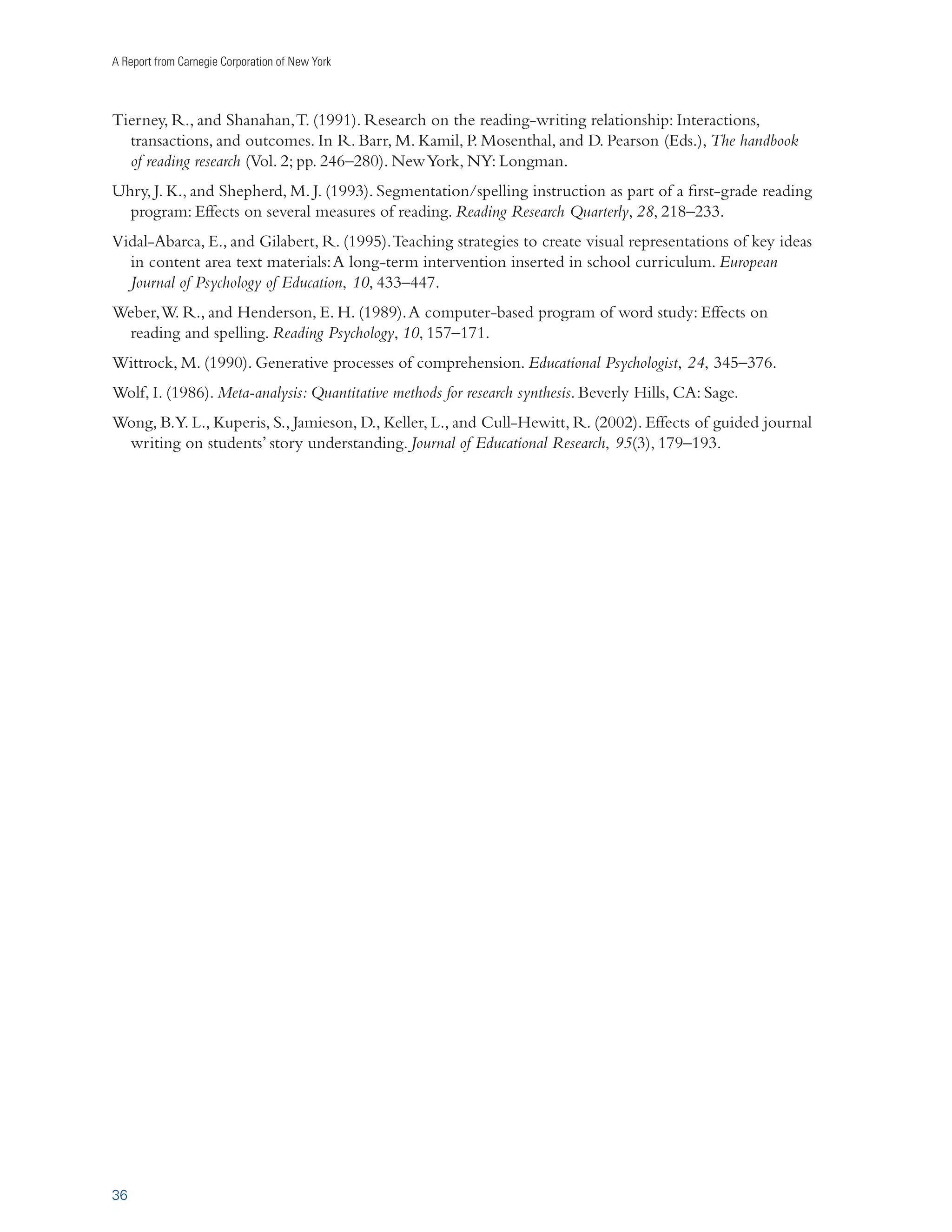 Writing to Read 
21 
An average weighted effect size of 0.30 on published standardized norm-referenced tests compares 
favorably with effects obtained by other researchers examining the impact of specific approaches to 
teaching reading. It exceeded the overall effect of 0.17 for a range of reading programs studied by 
Slavin et al. (2008) as well as the effect of 0.10 for vocabulary instruction obtained by Elleman et 
al. (2009), and was equivalent to the effect of 0.32 obtained by Rosenshine and Meister (1994) for 
reciprocal teaching of comprehension strategies. 
 