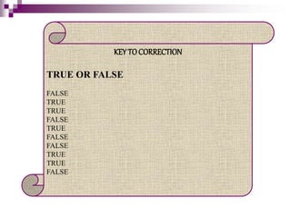 KEY TOCORRECTION
TRUE OR FALSE
FALSE
TRUE
TRUE
FALSE
TRUE
FALSE
FALSE
TRUE
TRUE
FALSE
 