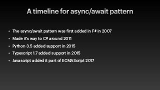 A timeline for async/await pattern
• The async/await pattern was
f
irst added in F# in 2007


• Made it’s way to C# around 2011


• Python 3.5 added support in 2015


• Typescript 1.7 added support in 2015


• Javascript added it part of ECMAScript 2017
 