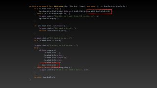 private suspend fun dbCached(ip: String, load: suspend () -> GeoInfo): GeoInfo
{

val cachedInfo = try
{

Optional.ofNullable(dbRepo.findById(ip).awaitSingleOrNull()
)

} catch (e: R2dbcException)
{

logger.warn("Unable to load from DB cache...", e
)

Optional.empty(
)

}

if (cachedInfo.isPresent)
{

logger.info("DB cache hit!!!"
)

return cachedInfo.get(
)

}

logger.info("DB cache miss..."
)

val loadedInfo = load(
)

logger.info("Saving to DB cache..."
)

try
{

dbRepo.upsert
(

loadedInfo.ip
,

loadedInfo.city
,

loadedInfo.country
,

loadedInfo.lat
,

loadedInfo.lo
n

).awaitSingle(
)

} catch (err: R2dbcException)
{

logger.error("Unable to cache data", err
)

}

return loadedInf
o

}

 