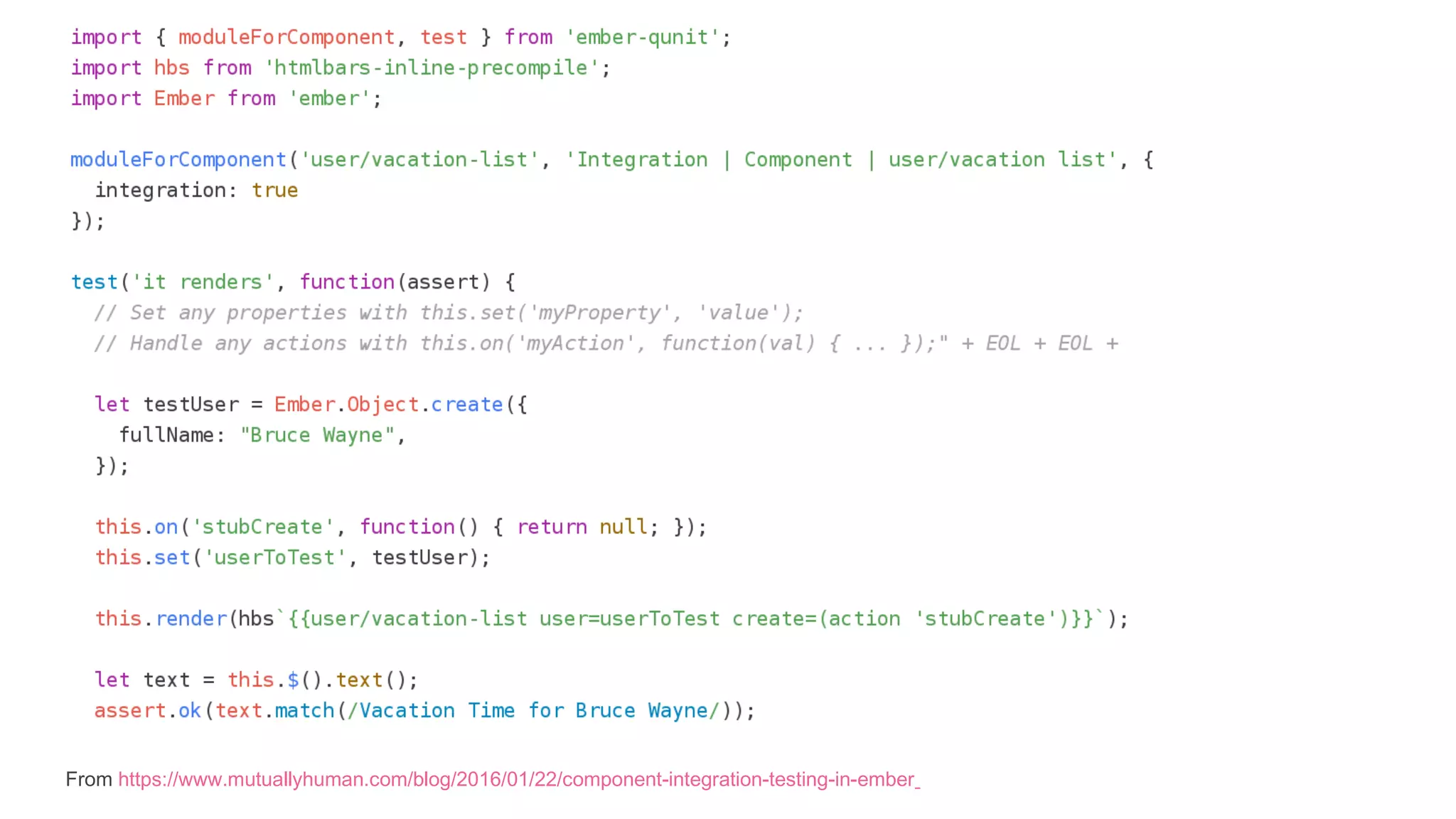 From https://www.mutuallyhuman.com/blog/2016/01/22/component-integration-testing-in-ember
 
