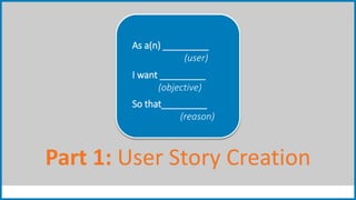 Part 1: User Story Creation
As a(n) _________
(user)
I want _________
(objective)
So that_________
(reason)
 
