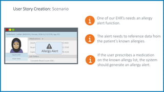 Chart View
Quick Links
Solemani, Ladan (#303455, Female, DOB 01/13/1978, Age 42)
Medications +
Zoloft 50mg 0049-4900
Ibuprofen 50mg 0012-5500
Captopril 50mg 0078-4100
Allergy Alert
Lab Orders
Complete Blood Count (CBC)
User Story Creation: Scenario
One of our EHR’s needs an allergy
alert function.
The alert needs to reference data from
the patient’s known allergies.
If the user prescribes a medication
on the known allergy list, the system
should generate an allergy alert.
 