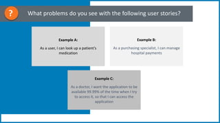 ? What problems do you see with the following user stories?
Example C:
As a doctor, I want the application to be
available 99.99% of the time when I try
to access it, so that I can access the
application
Example A:
As a user, I can look up a patient’s
medication
Example B:
As a purchasing specialist, I can manage
hospital payments
 