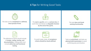 6 Tips for Writing Good Tasks
To avoid scope creep, all acceptance
criteria should be clearly defined.
The task can be completed in a defined,
short period of time
The task does not break
existing functionality.
The task is specific and is a vertical slice of
work that contributes to shippable function
by the end of the sprint.
The definition of done should include
all design, coding, testing, and
documentation. Coding tasks must
include white box and functional
testing.
Tasks are prioritized, and tasks are
planned with teammates to avoid
conflicting task prioritization.
 