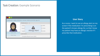 Chart View
Quick Links
Solemani, Ladan (#303455, Female, DOB 01/13/1978, Age 42)
Medications +
Zoloft 50mg 0049-4900
Ibuprofen 50mg 0012-5500
Captopril 50mg 0078-4100
Allergy Alert
Lab Orders
Complete Blood Count (CBC)
Task Creation: Example Scenario
User Story
As a nurse, I want to see an allergy alert on my
screen if the medication I’m prescribing is on
the patient’s known allergy list, so that I know
my patient may have an allergic reaction if I
prescribe that medication.
 