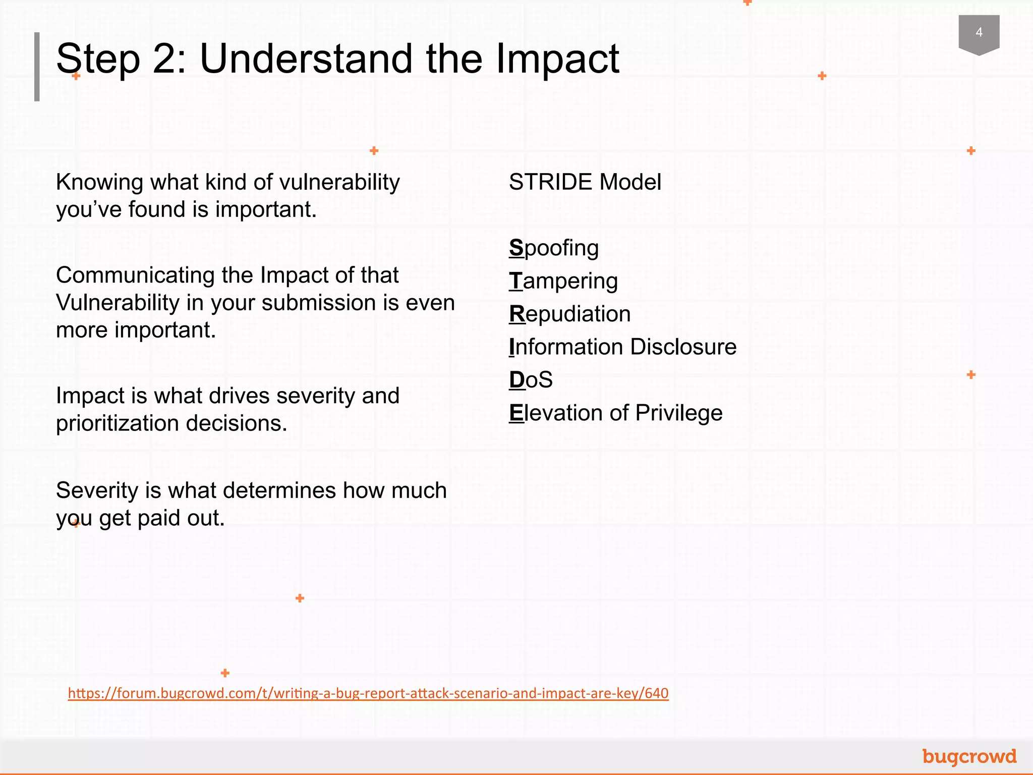 4
Step 2: Understand the Impact
Knowing what kind of vulnerability
you’ve found is important.
Communicating the Impact of that
Vulnerability in your submission is even
more important.
Impact is what drives severity and
prioritization decisions.
Severity is what determines how much
you get paid out.
STRIDE Model
Spoofing
Tampering
Repudiation
Information Disclosure
DoS
Elevation of Privilege
h"ps://forum.bugcrowd.com/t/wri2ng-­‐a-­‐bug-­‐report-­‐a"ack-­‐scenario-­‐and-­‐impact-­‐are-­‐key/640	
  	
  
 