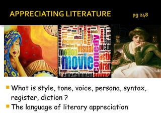  What  is style, tone, voice, persona, syntax,
  register, diction ?
 The language of literary appreciation
 