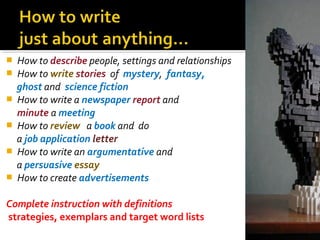    How to describe people, settings and relationships
   How to write stories of mystery, fantasy,
    ghost and science fiction
   How to write a newspaper report and
    minute a meeting
   How to review a book and do
    a job application letter
   How to write an argumentative and
    a persuasive essay
   How to create advertisements

Complete instruction with definitions
strategies, exemplars and target word lists
 