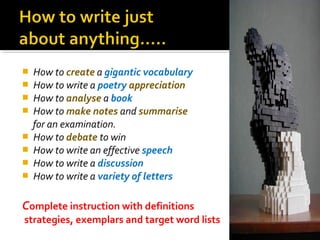    How to create a gigantic vocabulary
   How to write a poetry appreciation
   How to analyse a book
   How to make notes and summarise
    for an examination.
   How to debate to win
   How to write an effective speech
   How to write a discussion
   How to write a variety of letters

Complete instruction with definitions
strategies, exemplars and target word lists
 