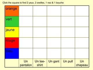 Click the square to find 2 yeux, 2 oreilles, 1 nez & 1 bouche orange vert jaune rouge bleu Un pantalon Un tee-shirt Un gant Un pull Un chapeau  