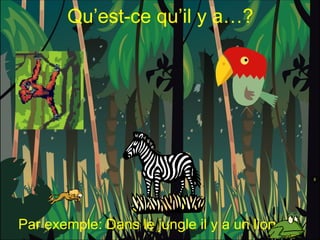 Qu’est-ce qu’il y a…? Par exemple: Dans le jungle il y a un lion. 