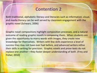 “ Graphic novels are the perfect meeting place of words and pictures [. . .] Teacher-librarians picked up on this a long time ago and have been adding graphic novels to their collection in ever increasing numbers (Crilley, 2009) Graphic Novel Collection @ Central High School Collection: 283 books (2009) – 605 books (2011) 