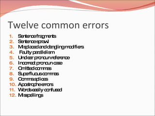 Twelve common errors
1.    Se nc fra m nts
        nte e g e
2.    Se nc s ra l
        nte e p w
3.    Mis la e a d ng
          p c d nd a lingm d rs
                           o ifie
4.     Faulty p ra lis
               a lle m
5.    Unc a p no re re e
          le r ro un fe nc
6.    Inc rre t p no c s
         o c ro un a e
7.    Om dc m a
         itte o m s
8.    Sup rfluo c m a
          e     us o m s
9.    C m as lic s
        o m p e
10.   Ap s p e rs
         o tro he rro
11.   W rd e s c nfus d
        o s a ily o e
12.   Mis p lling
          se      s
 