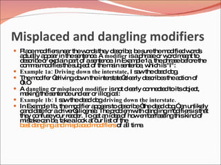 Misplaced and dangling modifiers
 P c m d rsne r thew rd the d s rib ; b s them d d w rd
   la e o ifie a     o s y e c e e ure         o ifie o s
    a tua a p a in thes nte e A modifier isap s o w rd m a to
     c lly p e r        e nc .                    hra e r o     e nt
    d s rib o e la p rt o as nte e In Exa p 1a thep s b fo the
     e c e r xp in a f e nc .                m le ,       hra e e re
    c m am d sthes je t o them in s nte e w h is"I":
     o m o ifie        ub c f        a e nc , hic
   Example 1a: Driving down the interstate, I s wthed a d g
                                                a      ed o .
   Them d r “ rivingd w theinte ta ”le rly d s rib sthea tio o
          o ife d       o n        rs te c a       ec e       c n f
    “I.”
   A dangling o misplaced modifier isno c a c nne te to itso je t,
                r                        t le rly o c d          b c
    m kingthes nte eunc a o illo ic l:
      a         e nc      le r r g a
   Example 1b: I s wthed a d gdriving down the interstate.
                   a       ed o
   In Exa p 1b them d r a p a to d s rib “ d a d g a unlike
          m le ,       o ifie p e rs     e c e the e d o ,” n          ly
    c nd a fo ad r’ lic ns . Thep b mw d ng
     a id te r rive s e e             ro le ith a lingm d rsistha
                                                            o ifie      t
    the c nfus yo re d r. To g t a id ao ho e b rra s thiskind o
       y o     e ur a e        e n e f w m a s ing                   f
    m ta c n b , ta alo k a o lis o the
      is ke a e ke o t ur t f
    b s d ng
     e t a linga m p c d m d rso a tim .
                  nd is la e o ifie f ll         e
 