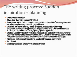 The writing process: Sudden
inspiration + planning
 Us avo ere o e
    e    ic c rd r
 Theid a them in fo uso thete
       e-      a    c f       xt.
 So e o info a n, re re e - ho m h iso rs ve usyo o n
    urc s f   rm tio   fe nc s w uc    the ’ rs   ur w
    w rd - p ra hra ing us c
      o s a p s , e itingg e s     uid line
   Outline jo d w theke id a o to ic , firs a b ins rm ,
            - t o n        y es r p s         t s ra to ing
    p g s ive o a
     ro re s ly rg nizing re rg nizinga d ta
                           , o a          nd e iling Diffe nt m tho s
                                                     .    re   e d:
    s ra h, to ic s nte e p ra ra h, g p o a r.
     c tc       p , e nc , a g p ra hic rg nize
   Dra - Do t try to s rt w theintro uc n, jus s rt w
        fts     n’      ta ith          d tio      t ta ritingw re r
                                                                he ve
    yo fe l c m rta lea c m b c to it. Us lly, theintro uc n isthe
       u e o fo b nd o e a k                  ua           d tio
    la t p rt tha isc m le d De id ho m h info a n ise ug
      s a        t o p te . c e w uc              rm tio     no h.
   Re ing e itinga fo a
       vis , d        nd rm tting Lo k a thep p r a aw le
                                  . o t        a e s ho .
   P o a
     ro fre d
   Ge ttingfe d a k- Sha w c a frie
                ebc      re ith ritic l   nd
 