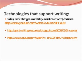 Technologies that support writing:
 w , tra k c ng s re d b
   ikis c ha e , a a ility s tis sin w rd c tio
                            ta tic    o , ita ns
http w .yo
    ://w w utub .c m a h?
               e o /w tc v=tGm P urk
                              M4 HJ

 http ra
      ://g nt-writing s urc s lo s o o /2 0 /0 /5 e a a il
                     -re o e .b g p t.c m 0 8 3 1-us -re d b

 http w .yo
      ://w w utub .c m a h?
                 e o /w tc v=-d 0 m
                               nL0 Td LY&fe ture
                                           a =fvw
 