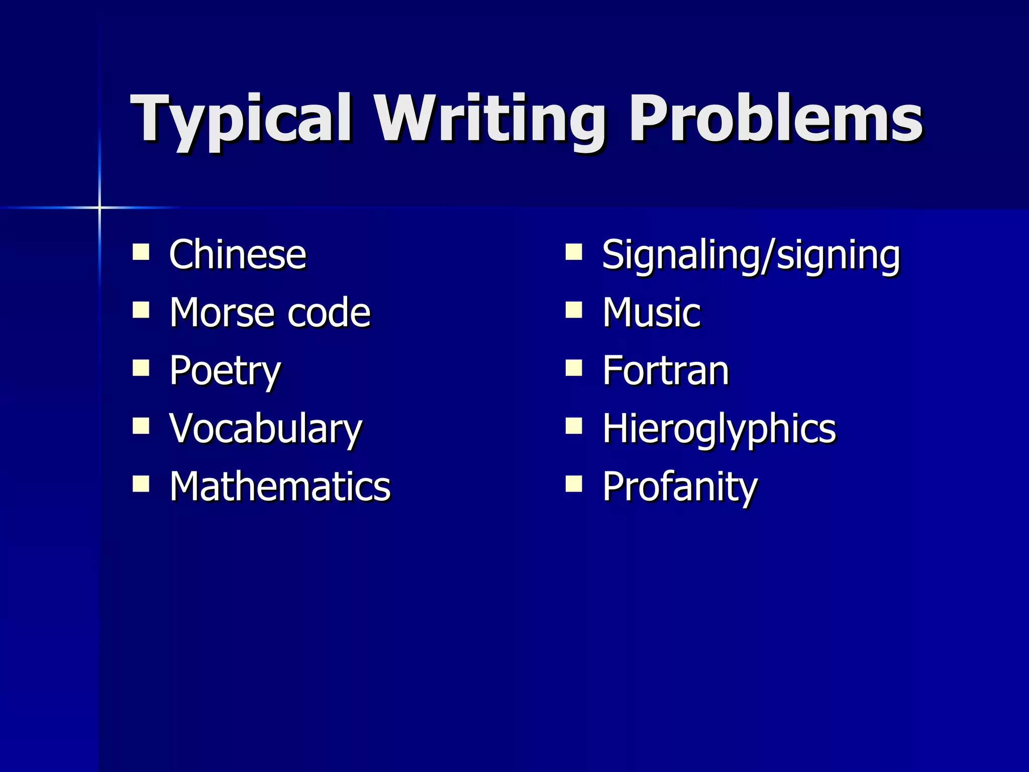 Typical Writing Problems Chinese Morse code Poetry Vocabulary Mathematics Signaling/signing Music Fortran Hieroglyphics Profanity 