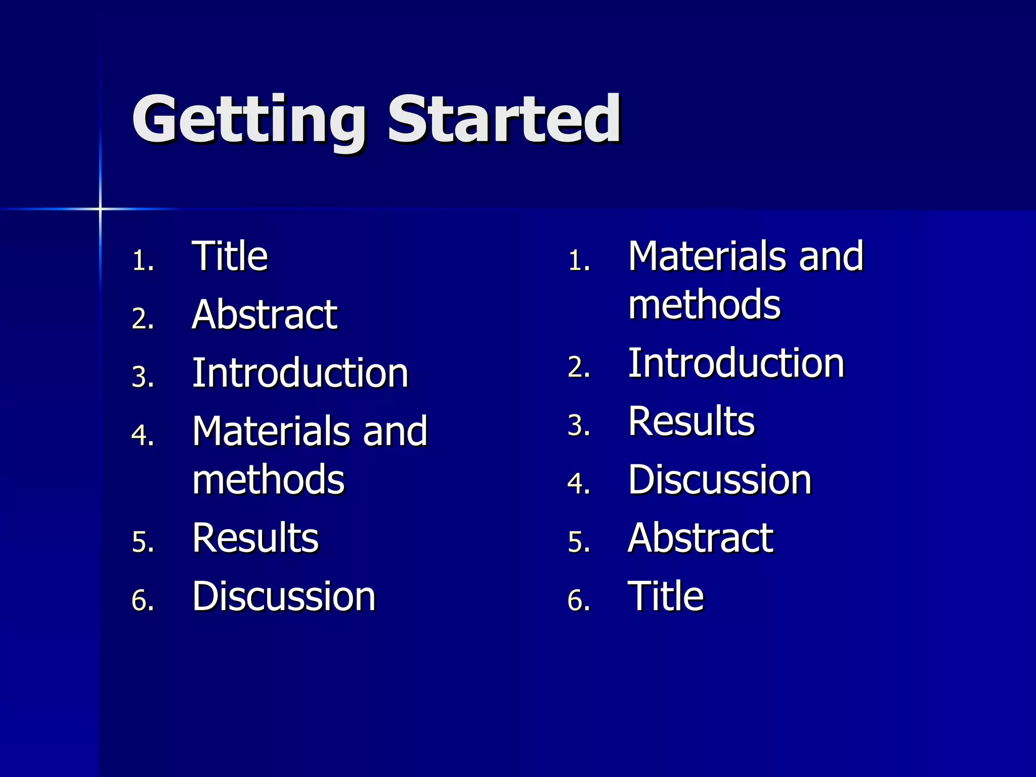 Getting Started Title Abstract Introduction Materials and methods Results Discussion Materials and methods Introduction Results Discussion Abstract Title 