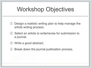 Workshop Objectives

① Design a realistic writing plan to help manage the
  article writing process.

② Select an article to write/revise for submission to
  a journal.

③ Write a good abstract.

④ Break down the journal publication process.



                           3
 