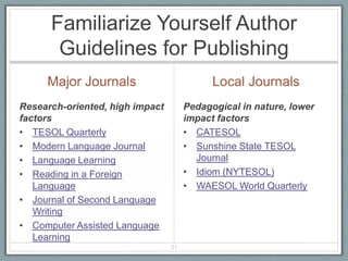 Familiarize Yourself Author
       Guidelines for Publishing
     Major Journals                         Local Journals
Research-oriented, high impact        Pedagogical in nature, lower
factors                               impact factors
• TESOL Quarterly                     • CATESOL
• Modern Language Journal             • Sunshine State TESOL
• Language Learning                     Journal
• Reading in a Foreign                • Idiom (NYTESOL)
   Language                           • WAESOL World Quarterly
• Journal of Second Language
   Writing
• Computer Assisted Language
   Learning
                                 31
 