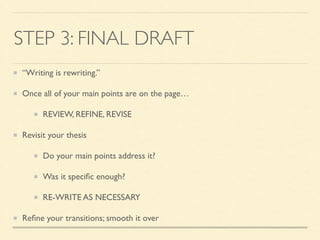 STEP 3: FINAL DRAFT
“Writing is rewriting.”	

Once all of your main points are on the page…	

REVIEW, REFINE, REVISE	

Revisit your thesis	

Do your main points address it?	

Was it speciﬁc enough?	

RE-WRITE AS NECESSARY	

Reﬁne your transitions; smooth it over
 