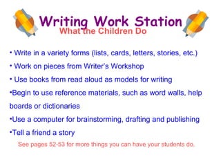 Writing Work Station ,[object Object],[object Object],[object Object],[object Object],[object Object],[object Object],[object Object],What the Children Do 