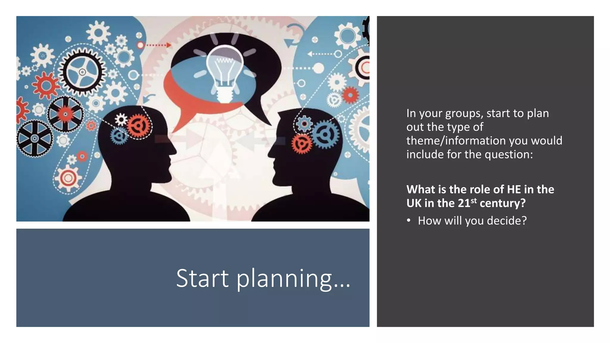 Start planning…
In your groups, start to plan
out the type of
theme/information you would
include for the question:
What is the role of HE in the
UK in the 21st century?
• How will you decide?
 