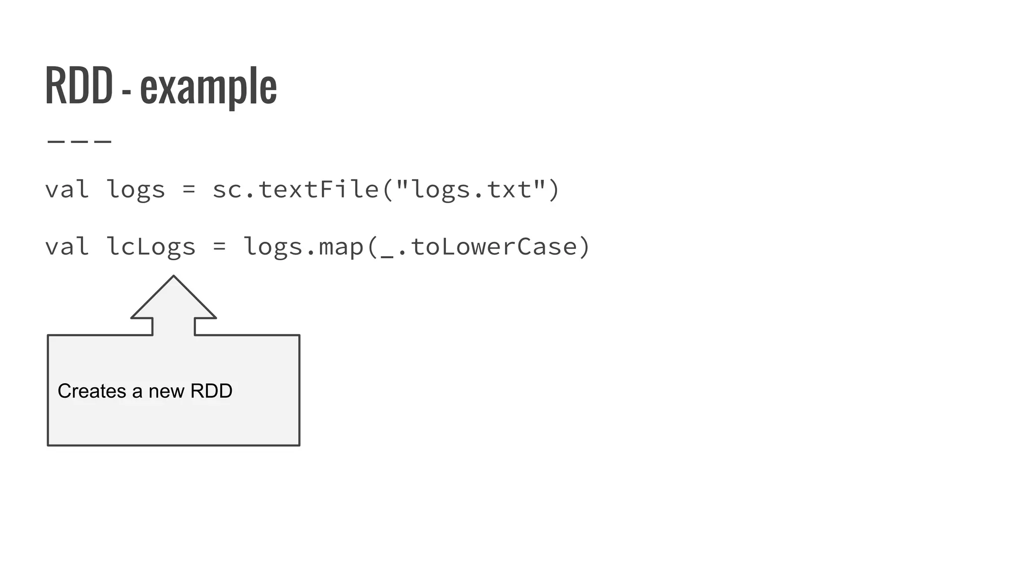 RDD - example
val logs = sc.textFile("logs.txt")
val lcLogs = logs.map(_.toLowerCase)
Creates a new RDD
 