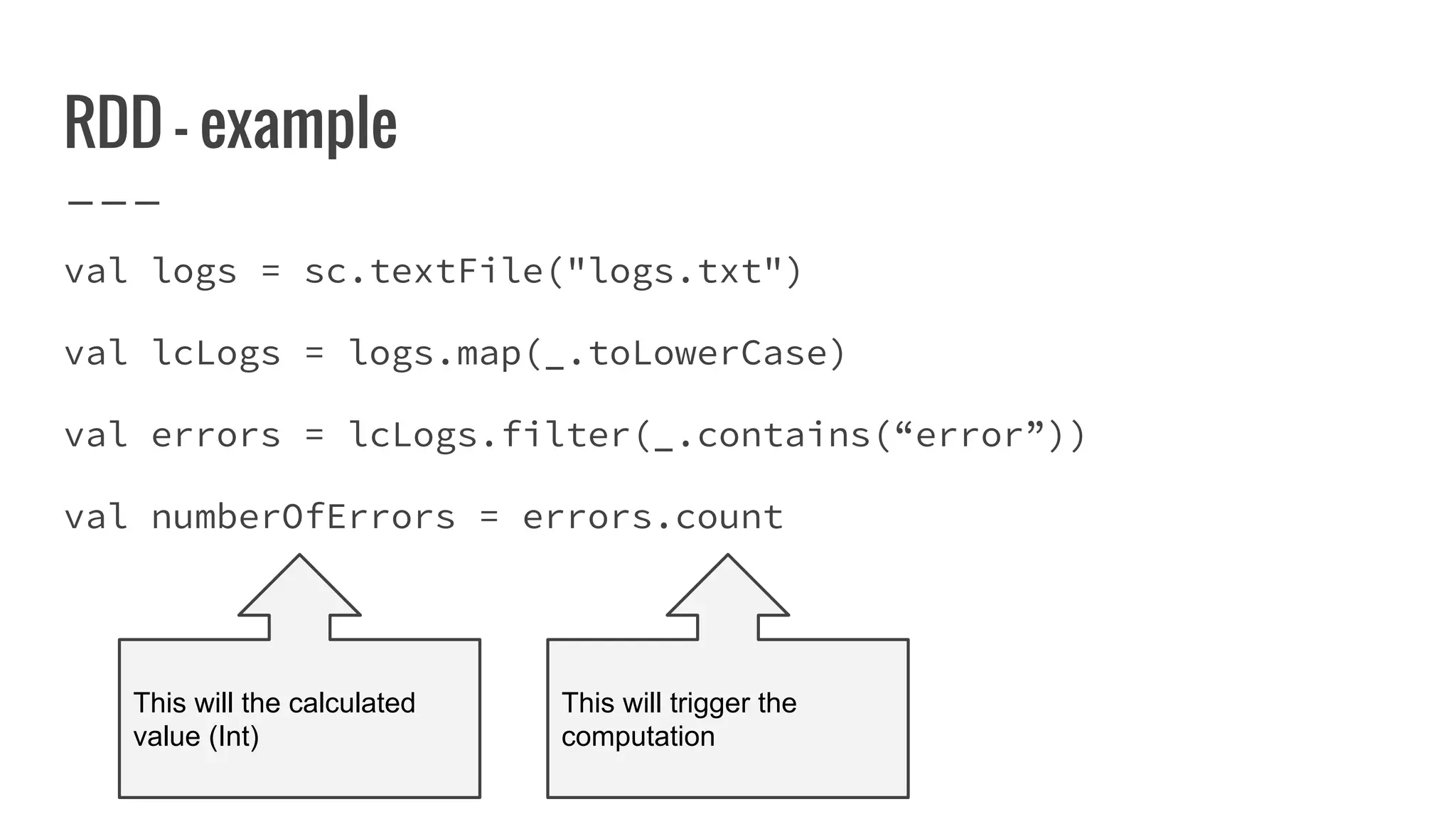 RDD - example
val logs = sc.textFile("logs.txt")
val lcLogs = logs.map(_.toLowerCase)
val errors = lcLogs.filter(_.contains(“error”))
val numberOfErrors = errors.count
This will the calculated
value (Int)
This will trigger the
computation
 